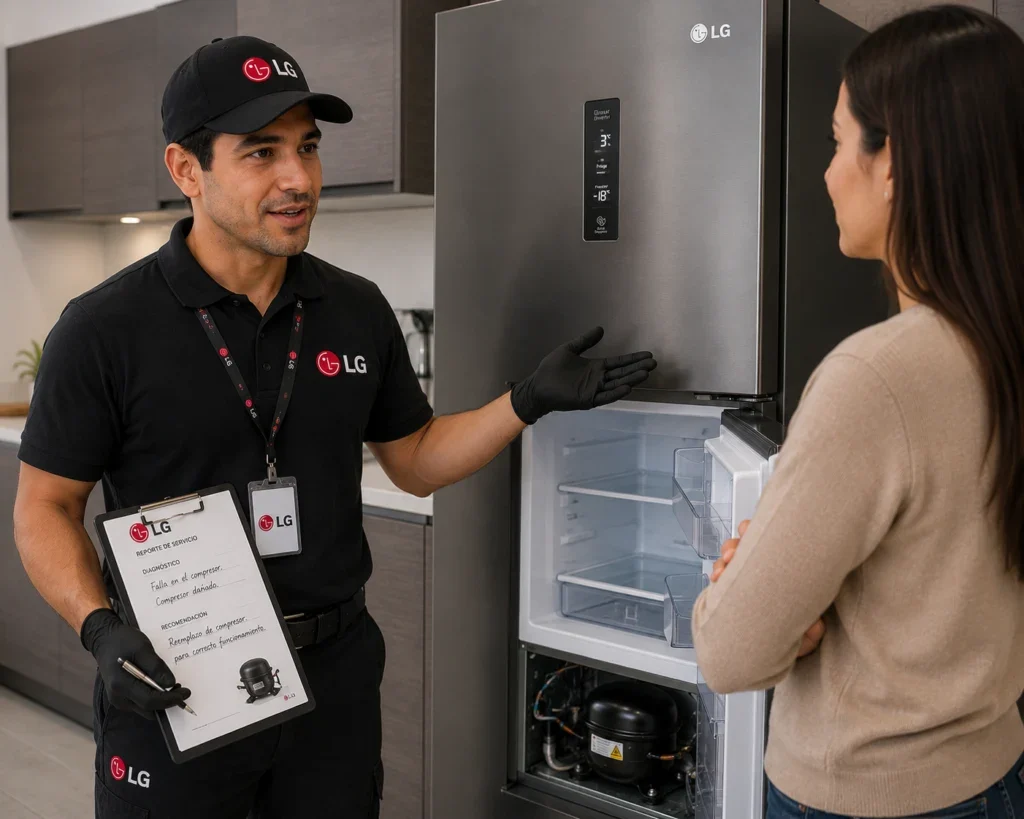 Técnico LG diagnosticando una nevera con la clienta